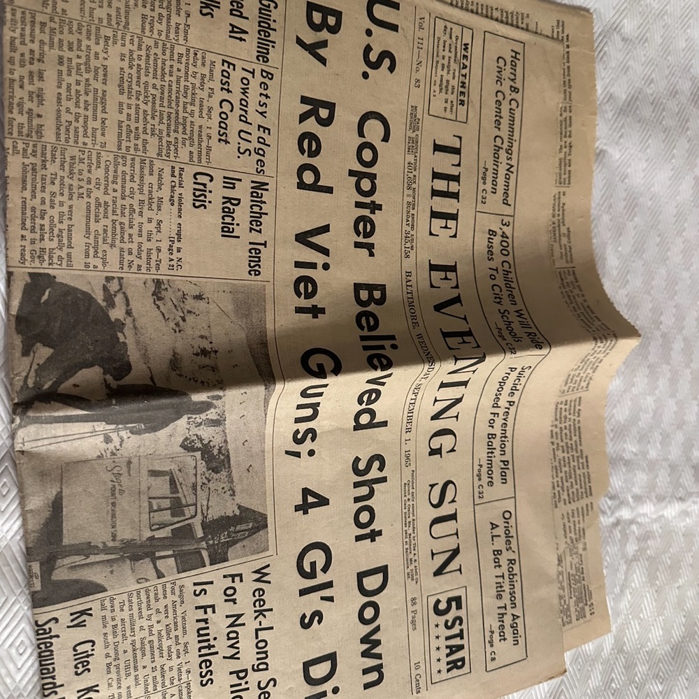 Newspaper Clipping "U.S. Copter Believed to be Shot Down By Red Viet Guns"1965
